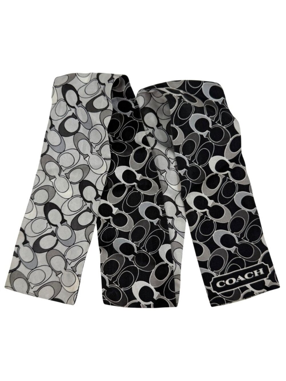 Coach Monogram Black Gray Silk Scarf Signature Logo Pattern For Bag Hair or Neck
